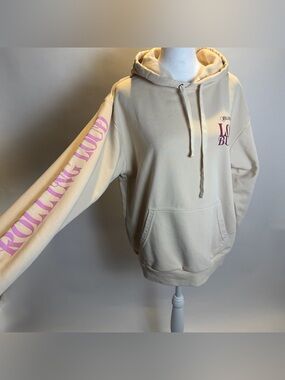 Cream Hoodie Sweatshirt with Pink Sleeve Script